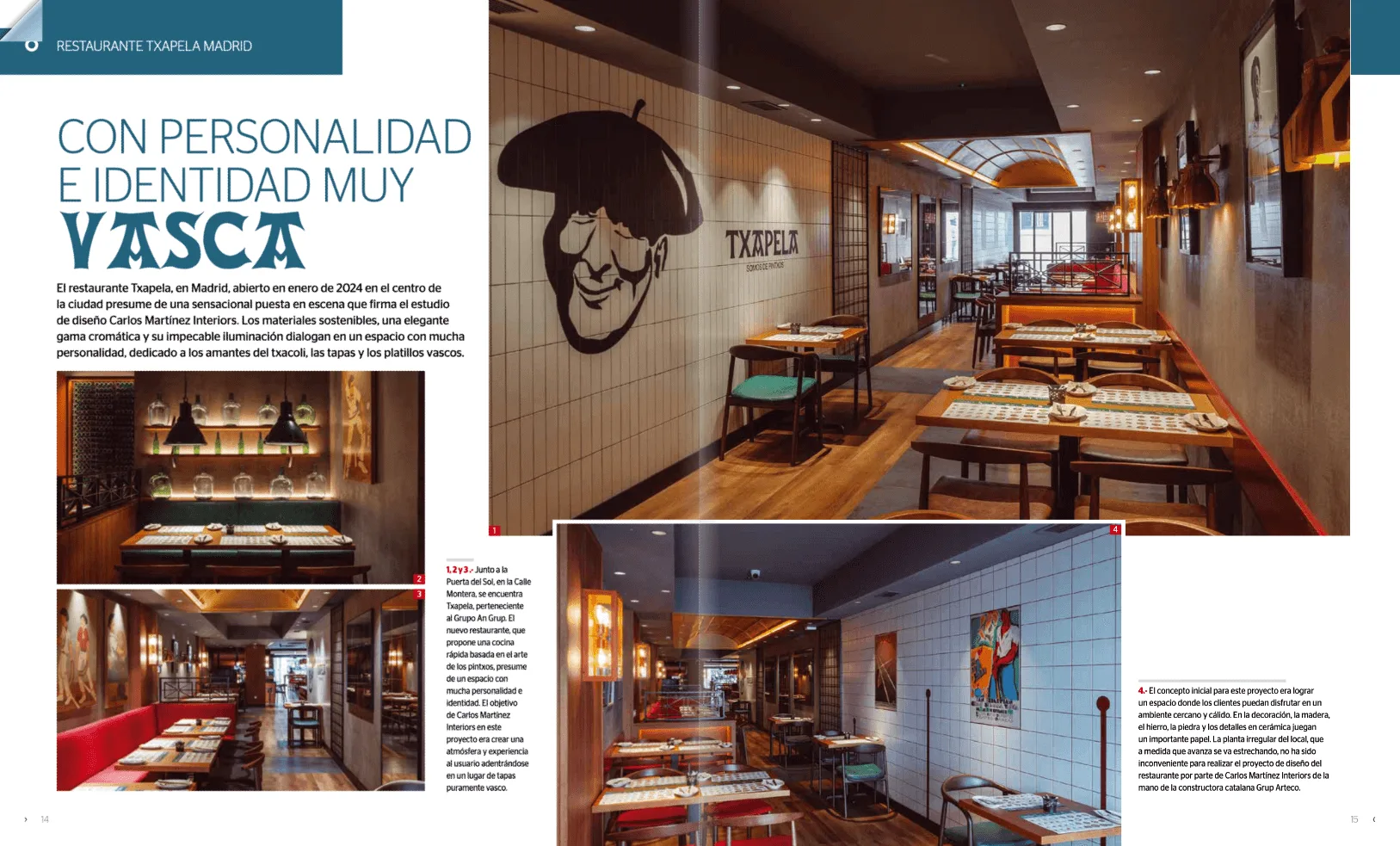 Doble página de revista con imágenes y fotografías del restaurante Txapela en Madrid y su decoración moderna estilo taberna.