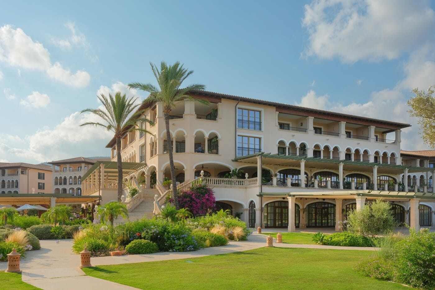 Fotografía profesional de interiores de hoteles en España. La entrada del hotel St. Regis Mardavall Mallorca Resort con jardín y cielo despejado