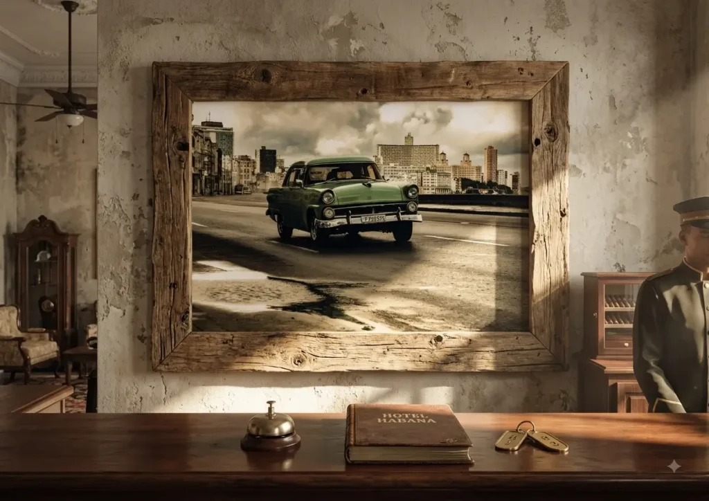 Cuadro fotográfico de coche clásico verde en un ambiente vintage