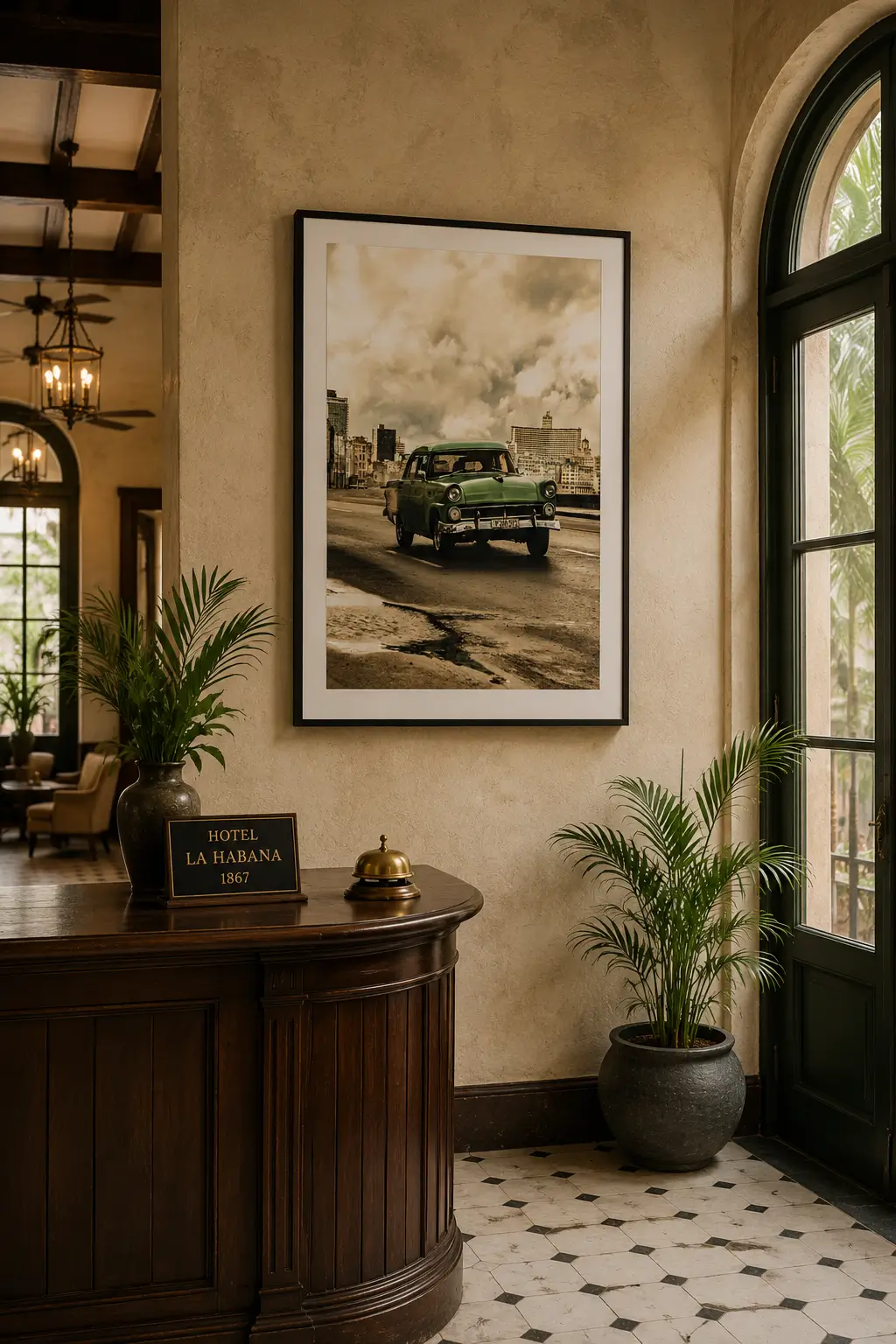 Fotografía artística de un coche clásico de estilo vintage presentada como cuadro decorativo vertical