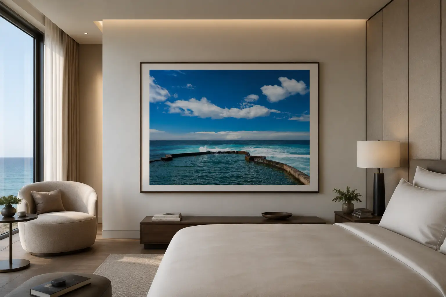 Fotografía de paisaje costero con mar azul como cuadro decorativo en un dormitorio