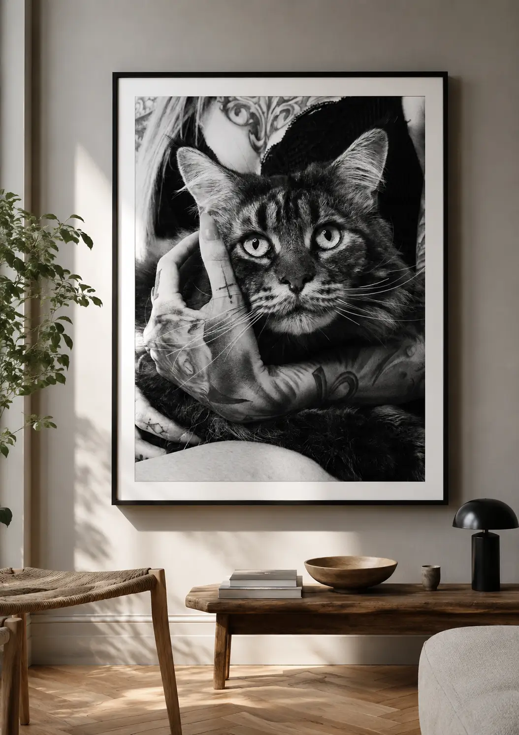 Retrato fotográfico de un gato en blanco y negro presentado como cuadro decorativo